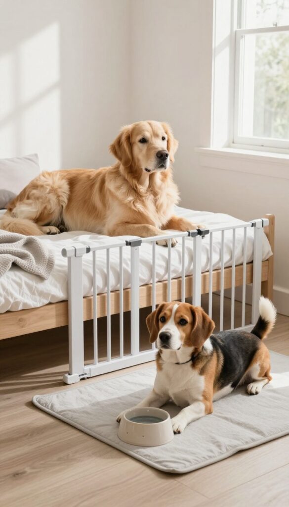 Two dogs in separate zones divided by a baby gate in a sunlit living room