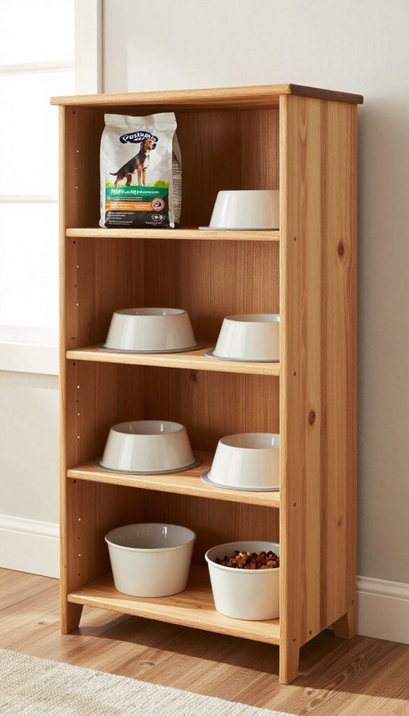 A repurposed wooden bookshelf serving as an organized dog feeding station in a bright kitchen corner, with dog food bags and clean bowls neatly arranged on shelves.