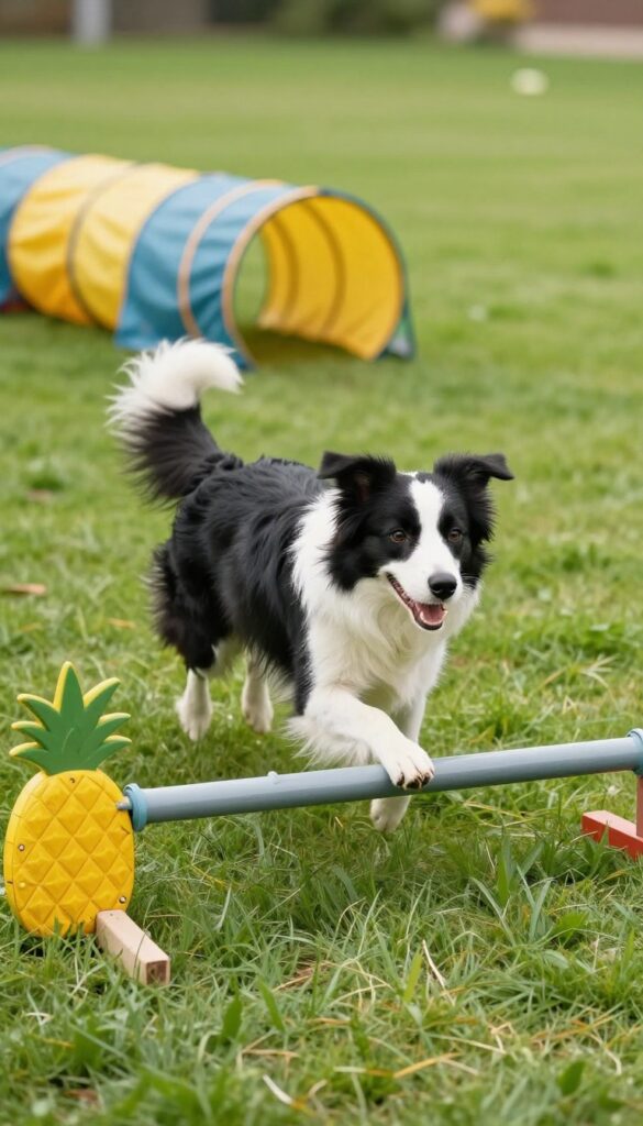 DIY dog agility corner in a backyard with a Border Collie jumping over a PVC pipe obstacle