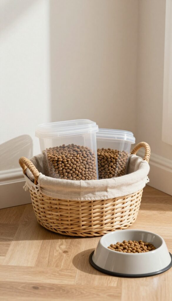 Decorative basket with liner for DIY dog food storage, showing sealed container inside basket near feeding area in a bright, clean home setting.