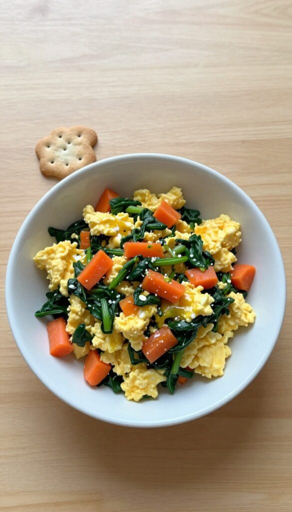 Homemade egg and veggie breakfast scramble for small dogs in a white bowl on a wooden surface.