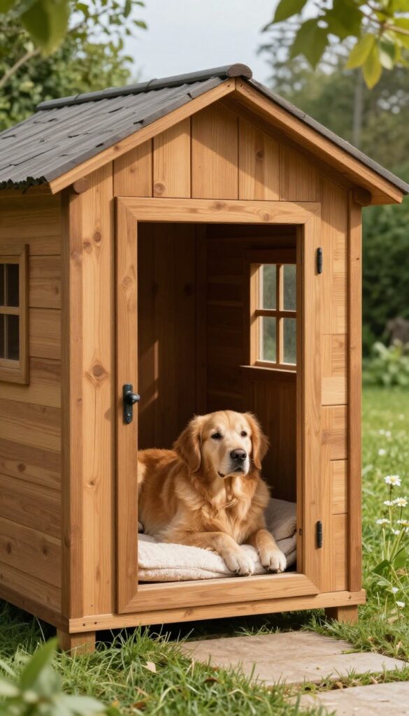 Custom dog house with window AC unit built into side, large Golden Retriever resting inside on bed