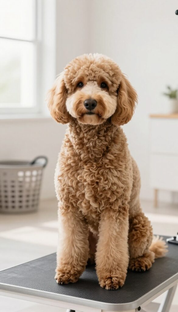 A Goldendoodle with a classic Teddy Bear Cut sitting on a non-slip mat in a bright room, showcasing fluffy, manageable fur in a clean, photorealistic setting ideal for dog grooming inspiration.
