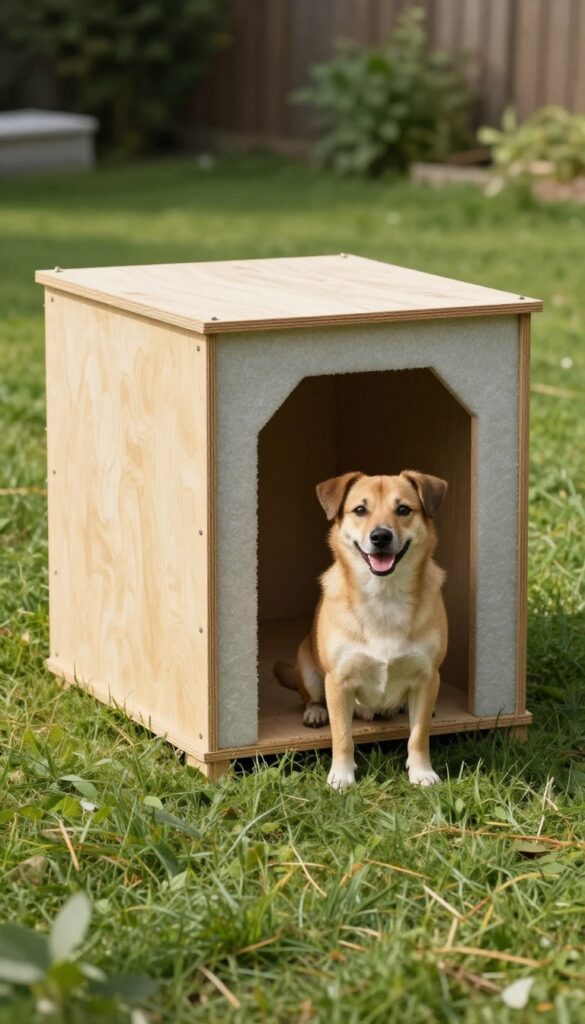 Insulated dog house with removable panel showing foam board insulation