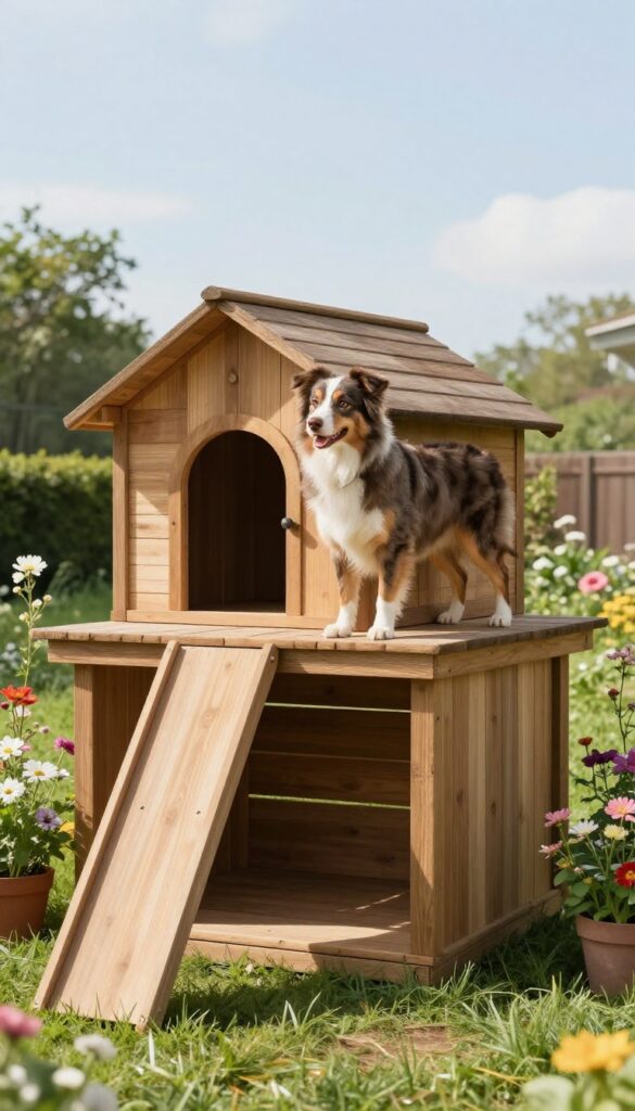 Two-story wooden dog house in a sunny backyard with an Australian Shepherd on the upper lookout platform.