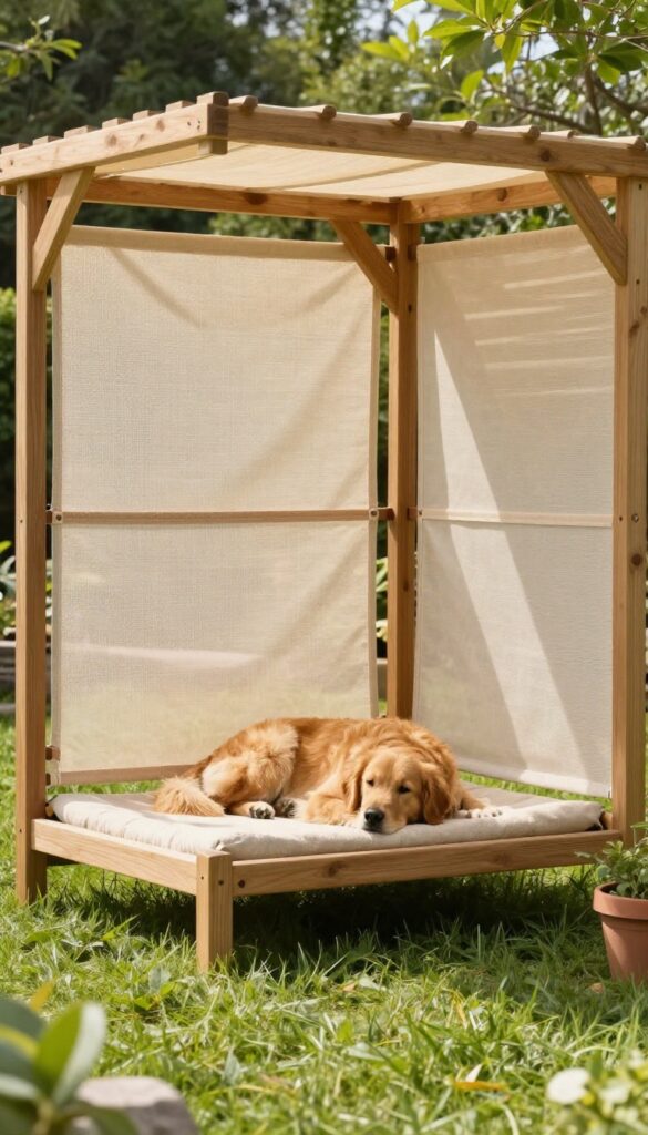 Dog resting on elevated cot bed under wooden pergola in sunny backyard