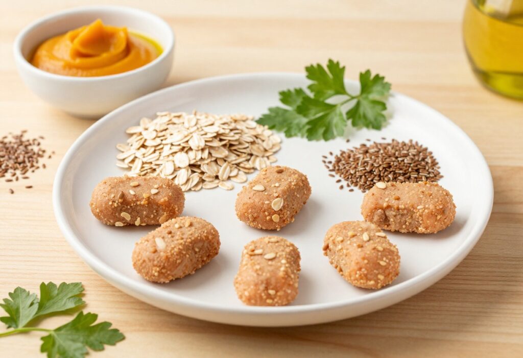 Homemade salmon and oat dog treats for itchy skin, displayed on a white plate with pumpkin puree and flaxseed, in a bright, clean pet-blog photography style.