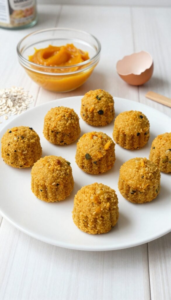 Homemade pumpkin egg mini muffins for dogs, soft and tender treats made with simple ingredients, arranged on a plain plate with natural light.