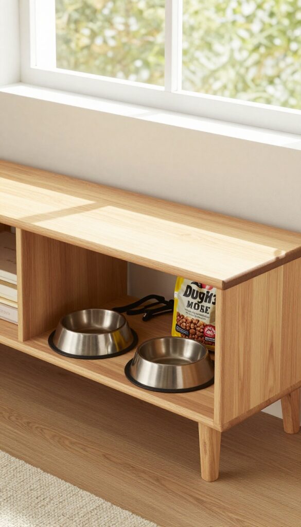 A convertible bench feeder with lift-up seat storage in an entryway, showing hidden dog bowls and supplies inside for smart pet care organization.