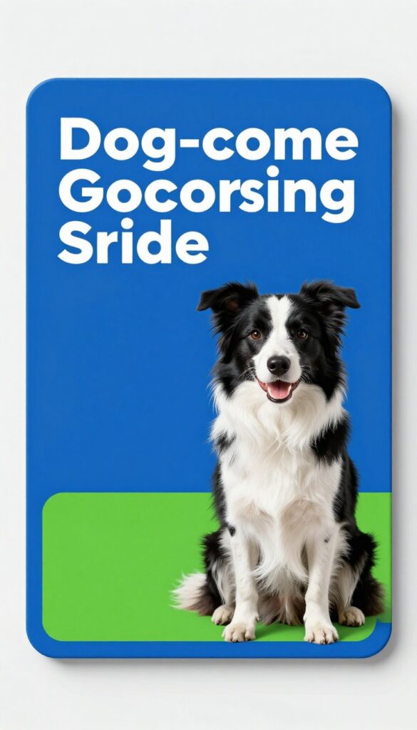 A bright blue and green dog grooming business card next to a happy Border Collie in natural light, showcasing vibrant colors for pet services.