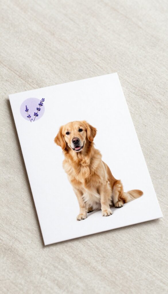A realistic photo of a dog grooming business card with a scratch-and-sniff scent patch and a calm dog nearby, showcasing an interactive and sensory design idea for pet care services.