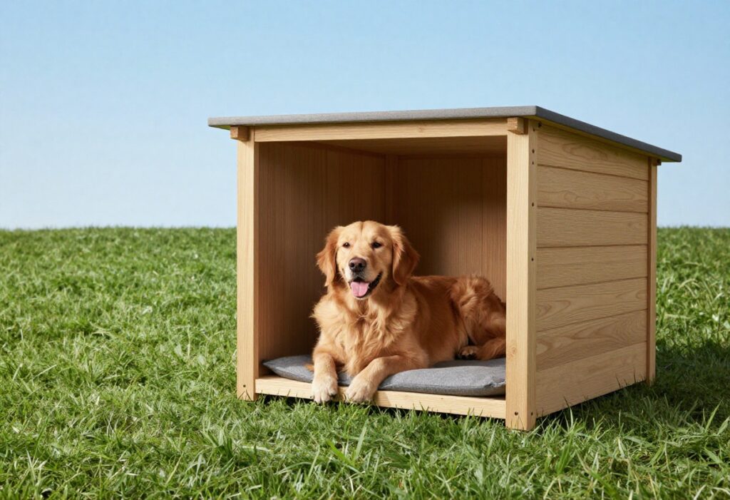 Golden retriever resting in a shaded wooden dog house with a cooling mat on a sunny day.