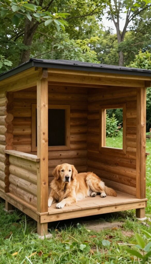 Log cabin dog house with covered porch and a Golden Retriever resting on the porch in a sunny backyard.