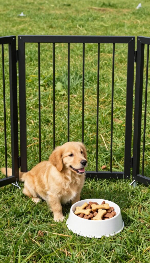 Metal stake panel dog fence in a backyard with a dog and homemade treats.