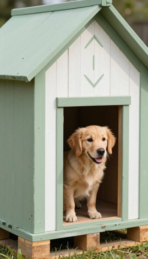 Painted and stenciled pallet dog house with a dog peeking out in a sunny backyard