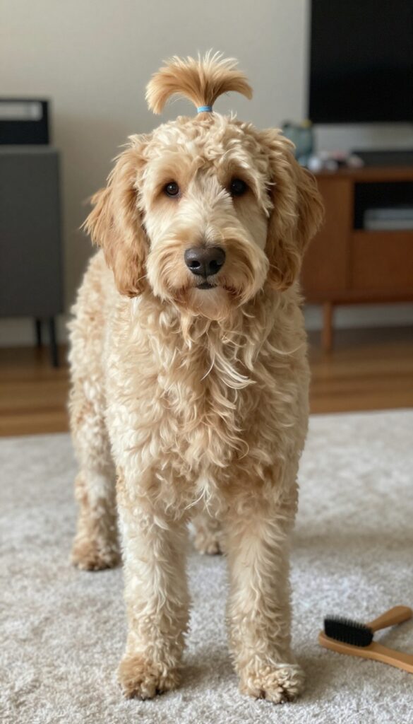 A Goldendoodle with a longer topknot haircut, looking playful and well-groomed in natural light, ideal for a blog about low-maintenance dog styles.