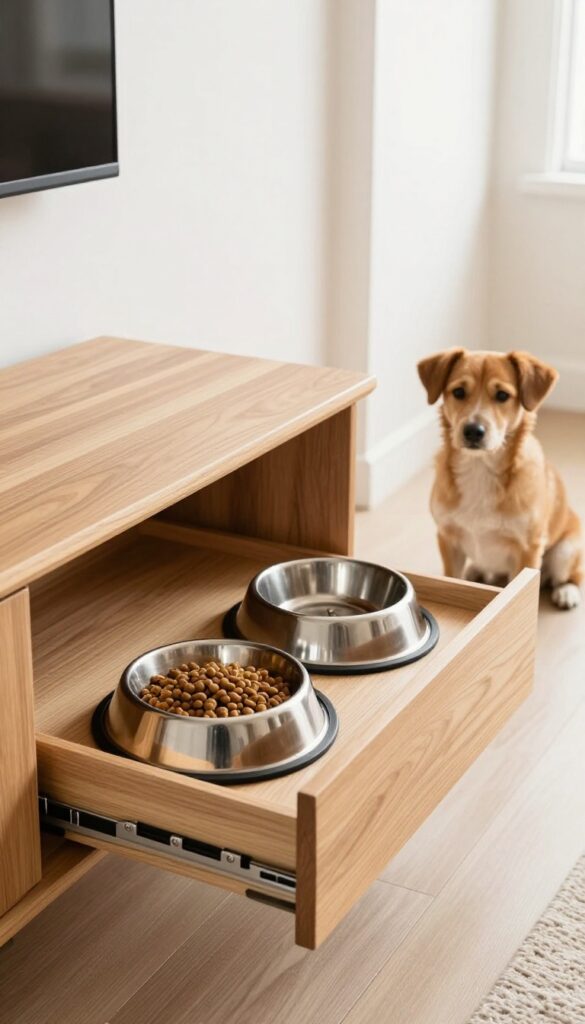 A hidden feeding station built into a console table, with recessed stainless steel bowls and a dog waiting nearby.