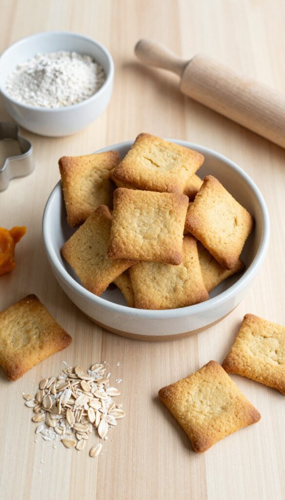 Homemade pumpkin oat crunch biscuits for dogs, arranged on a wooden surface with baking ingredients, showcasing a crunchy texture and natural dog treat preparation.