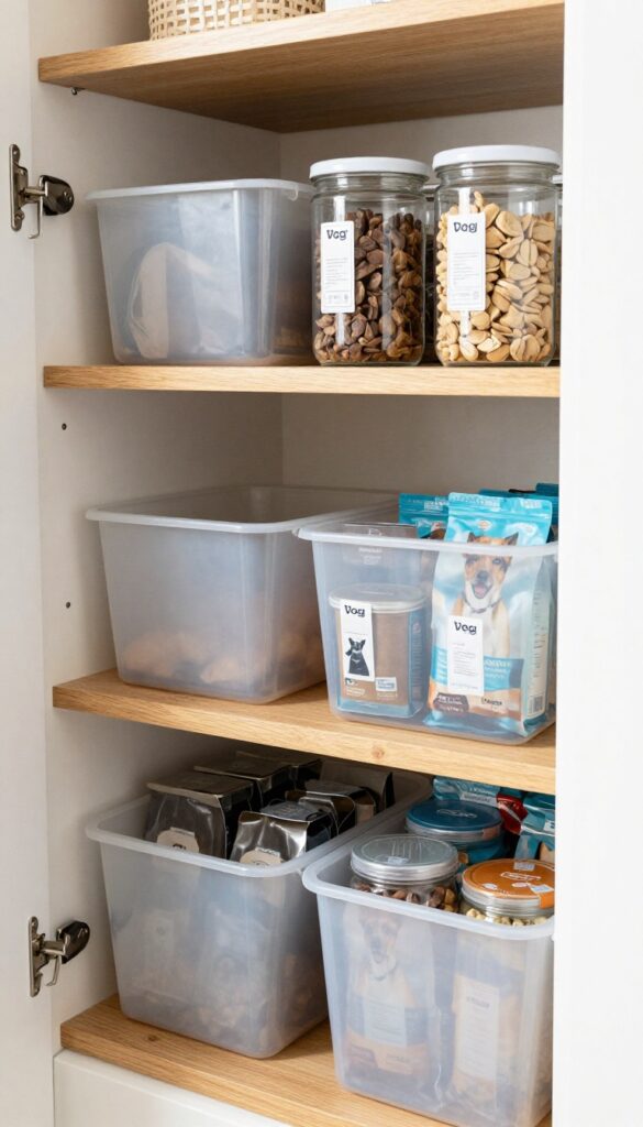Under-shelf bins in a pantry holding dog food bags and containers, maximizing vertical storage space with a stylish, clutter-free look.