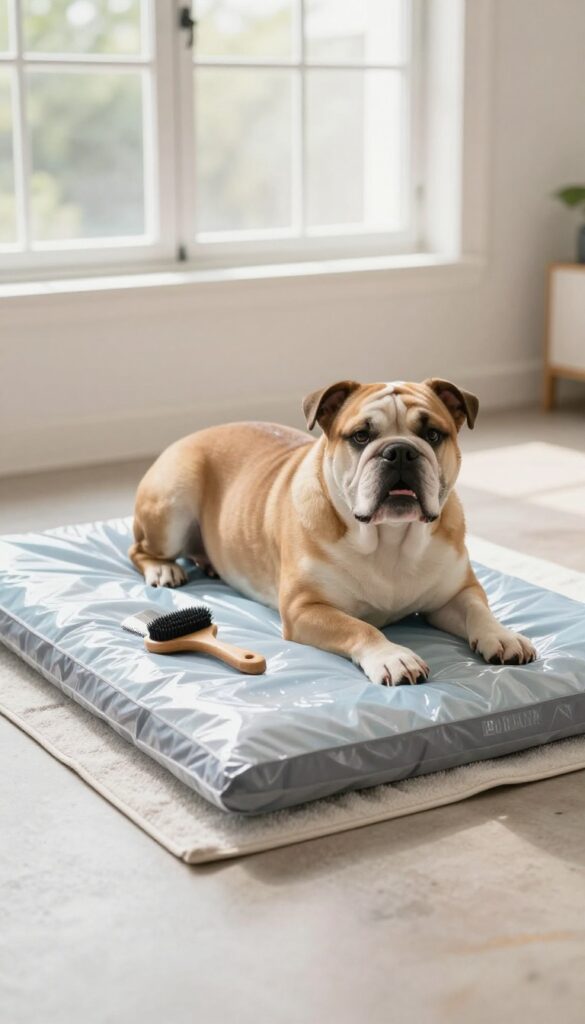 A dog resting on a homemade cooling mat in a sunny garage during grooming, showcasing DIY comfort for summer sessions.