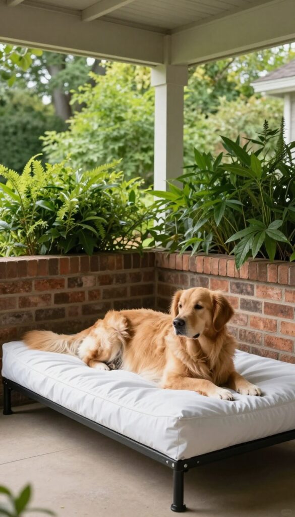Dog resting on raised outdoor bed under covered porch with windbreak planter