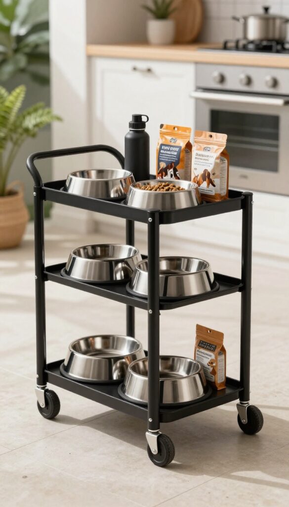 A black metal cart on wheels with dog feeding bowls and supplies, set on a patio in natural light.
