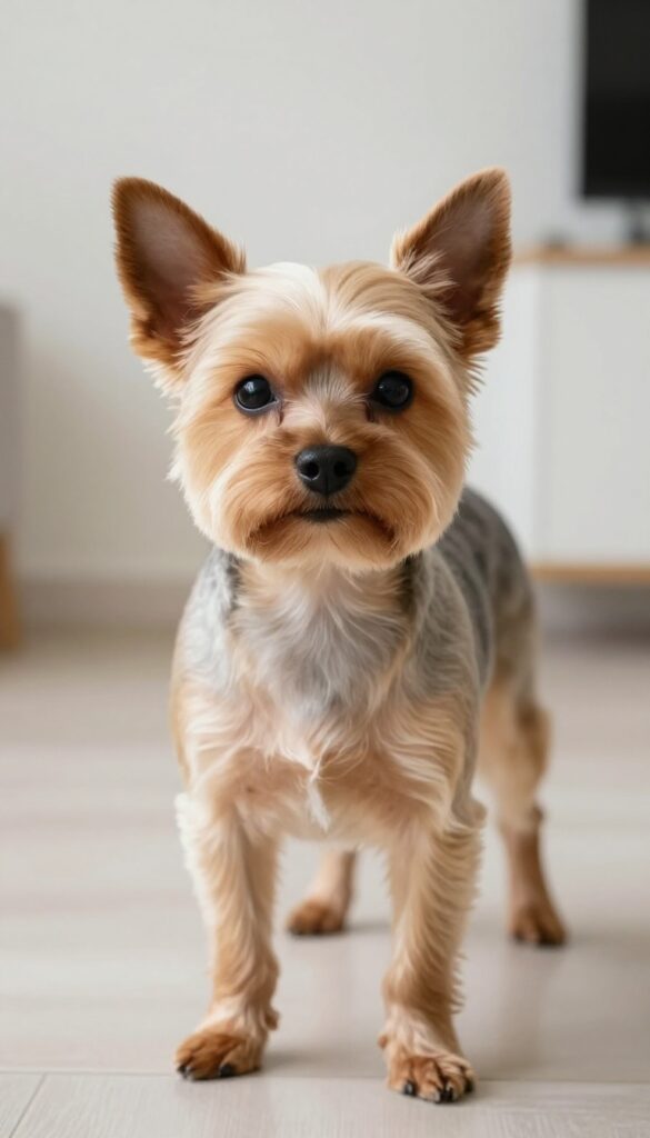 A Yorkie with a blended haircut demonstrating smooth hair transitions for low-maintenance grooming