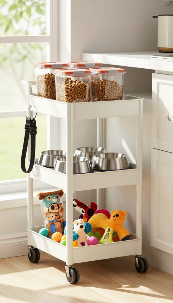 A rolling cart used for flexible dog food storage in a tidy kitchen setting.
