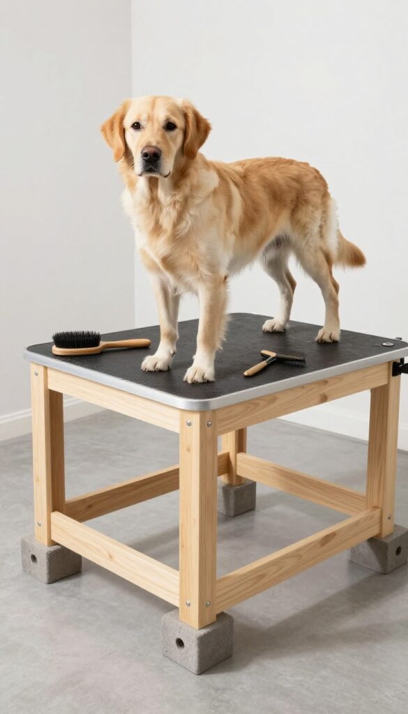 A DIY dog grooming table made from plywood and cinder blocks, featuring a dog standing on it with grooming tools nearby in bright natural light.