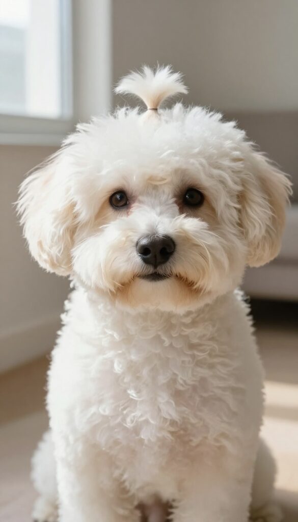 A Maltipoo dog with a topknot haircut, keeping hair neatly tied back to improve visibility and reduce eye irritation, in bright natural light