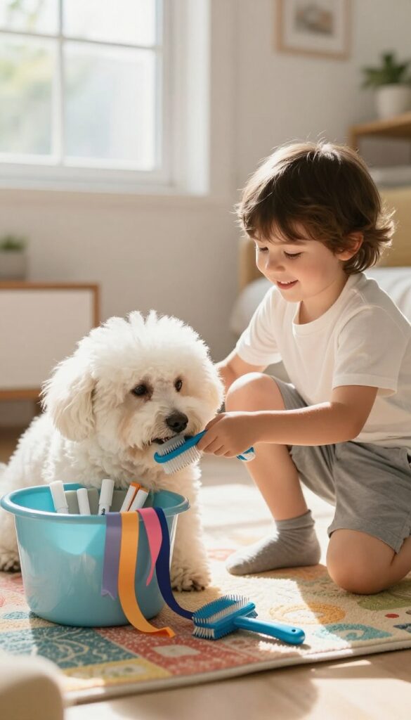 A child using a colorful brush to groom a happy dog in a bright, tidy home setting, illustrating safe and fun family grooming activities.