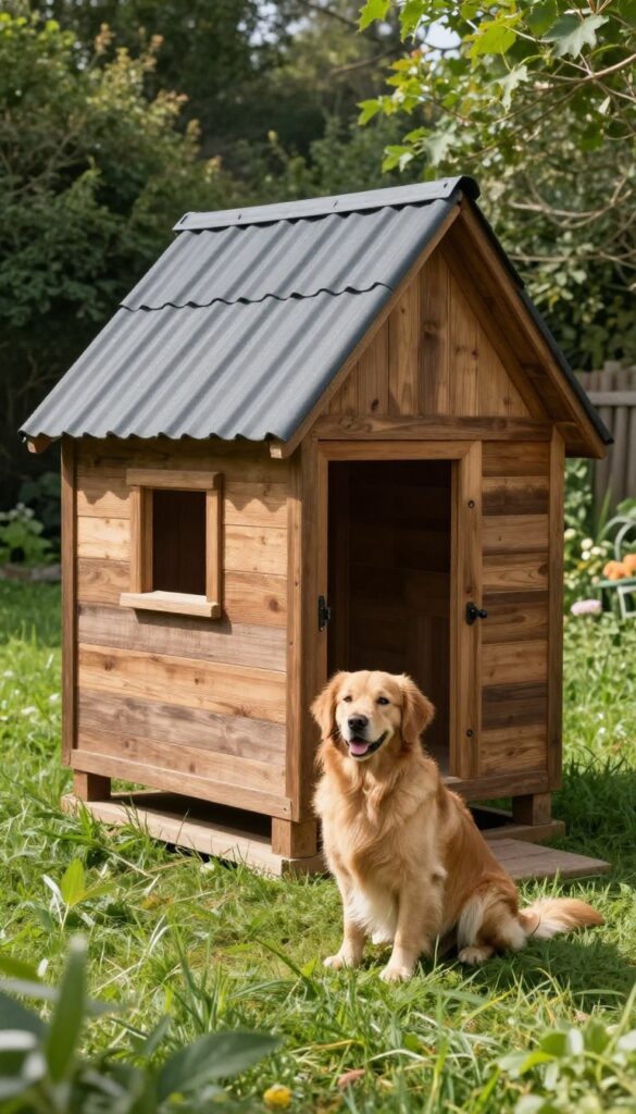 A-frame dog house with metal roof in rustic yard
