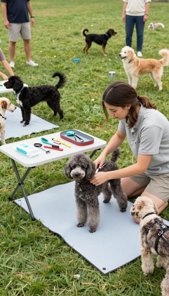A pop-up dog grooming station at a dog park with a groomer trimming a Poodle's fur in natural light.