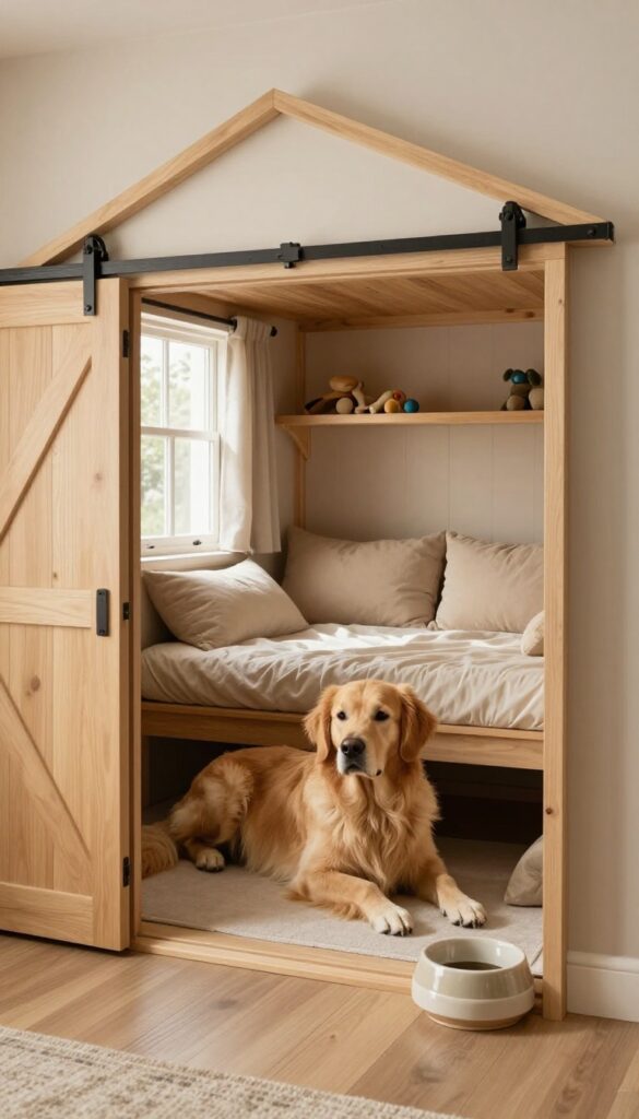 Cozy indoor alcove dog house under stairs with sliding barn door and golden retriever resting on cushioned bed
