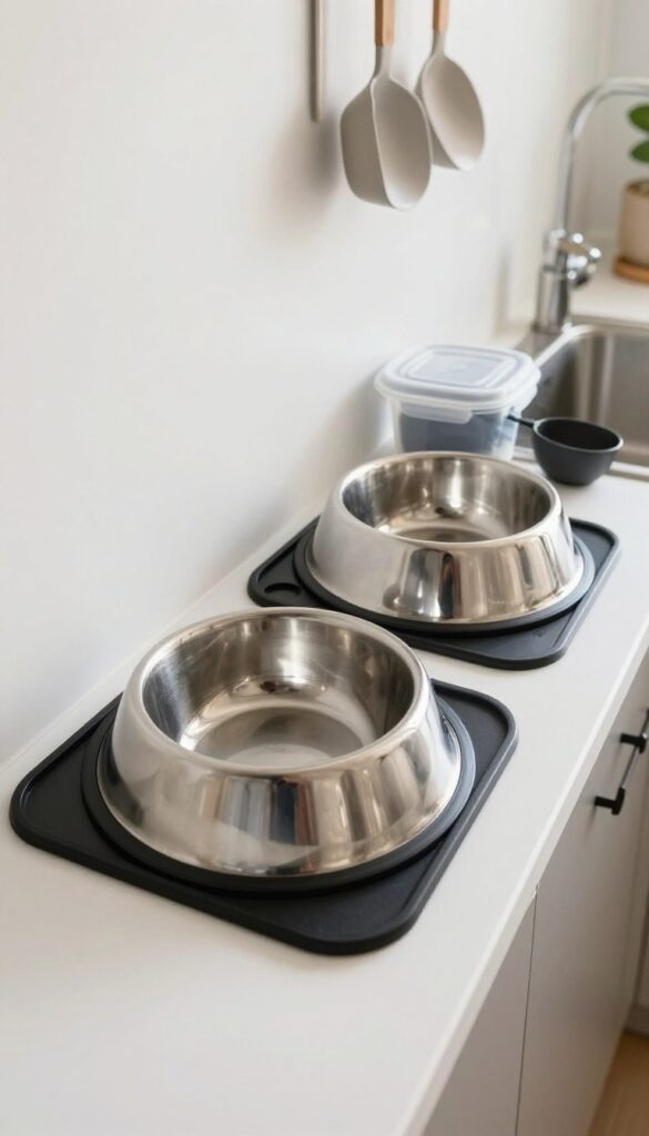 A tidy dog food station in a kitchen, featuring a bowl on a tray with scoop and container, organized for easy feeding.