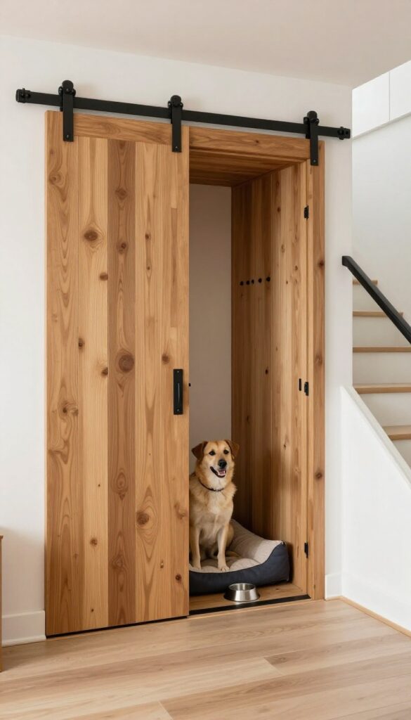 Sliding barn door dog kennel under stairs with cozy bed and dog