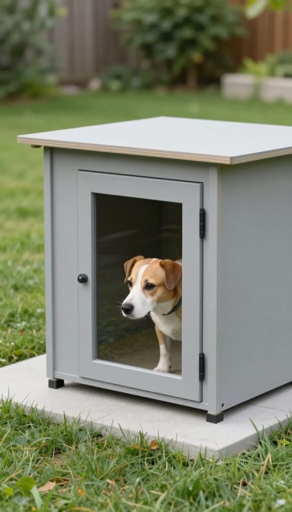 Modern minimalist dog house with sliding acrylic door, dog pushing door open, outdoor setting