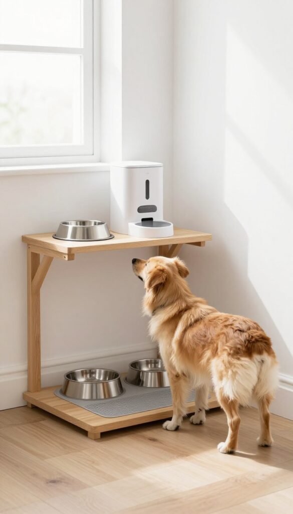 Under-stair dog feeding station with automatic feeder and raised bowls