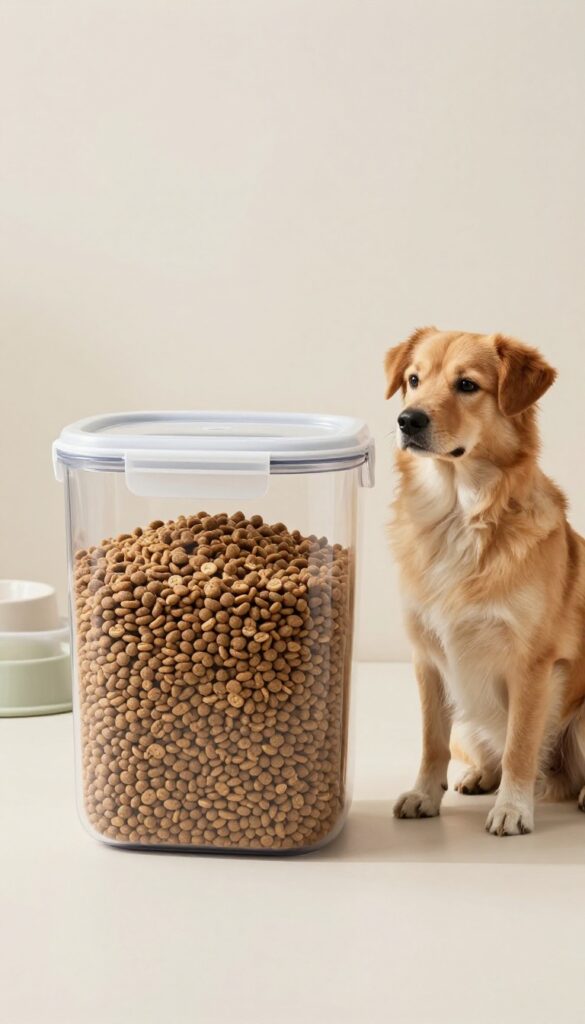 Airtight container for dog food storage in a bright pantry, with a dog sitting nearby.