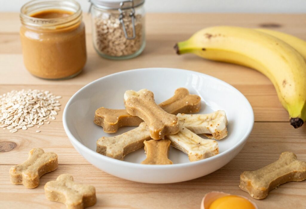 A batch of homemade dog treats made from peanut butter, banana, oats, and egg, arranged in a bowl with whole ingredients on a wooden table, representing easy 4-ingredient dog treat recipes for a blog.