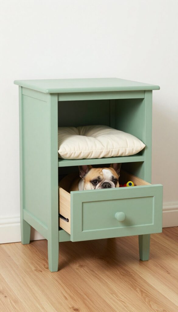 Small repurposed nightstand dog house with French Bulldog peeking out in bright room