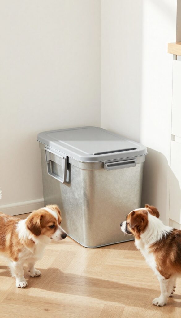 A small airtight dog food bin used as extra seating with a cushion in a bright apartment kitchen, showcasing space-saving storage for dog owners.