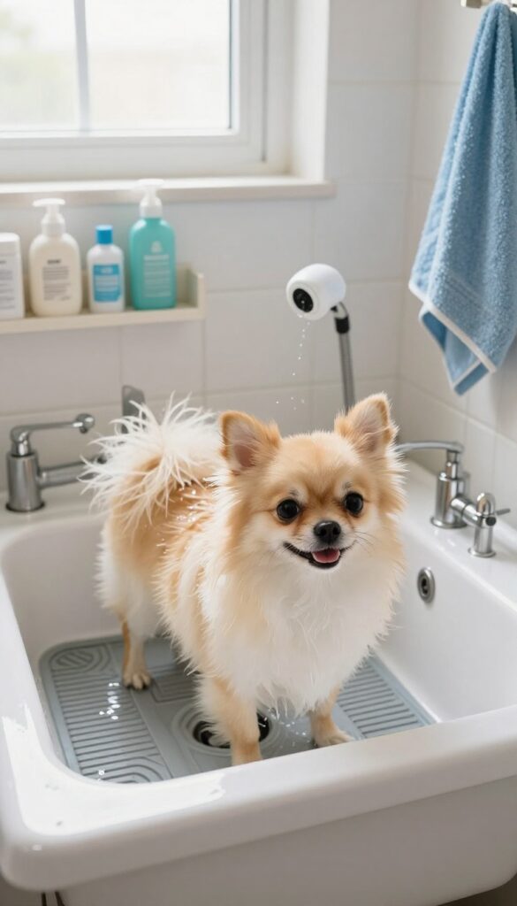 A small dog being bathed in a laundry room sink with natural light, showcasing a safe and functional grooming corner for pet owners.