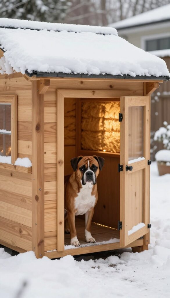 Heated dog house for cold winters with Boxer dog peeking out