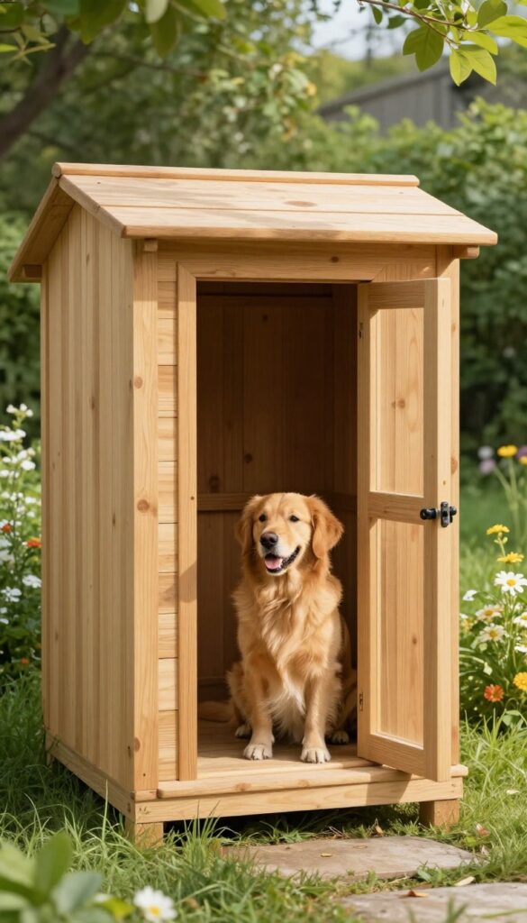 Cedar dog house with overhanging roof in backyard