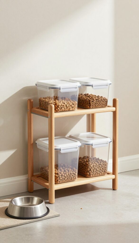 Elevated storage rack holding airtight dog food containers in a bright, organized kitchen, keeping food off the floor for freshness.