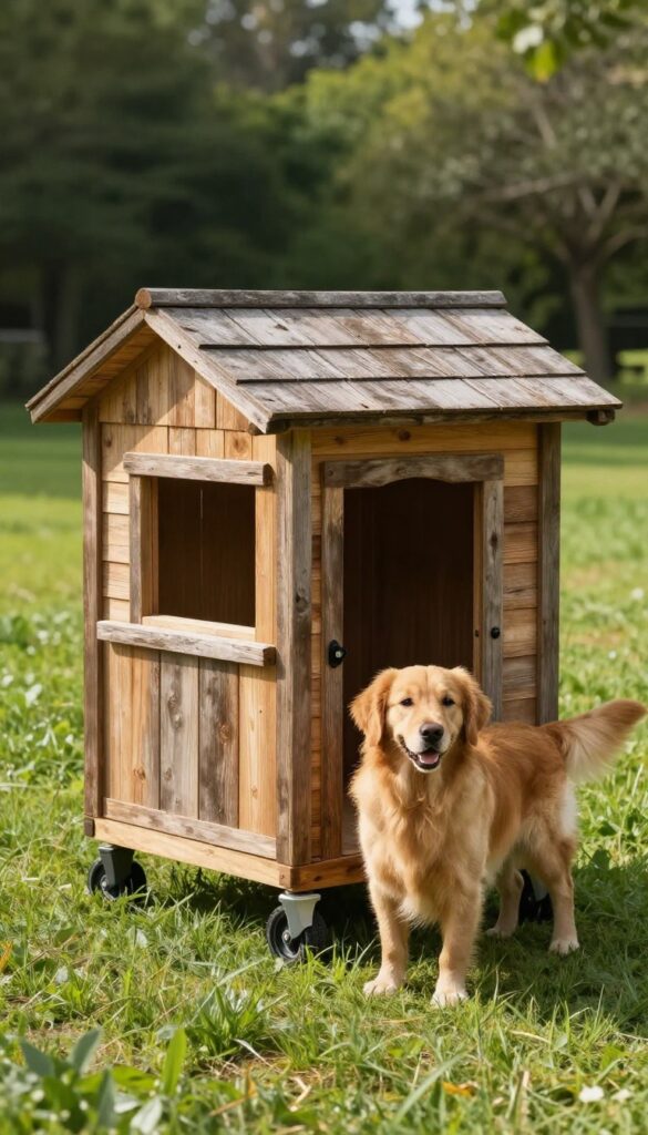 Rustic portable dog house on wheels with a golden retriever in a sunny backyard