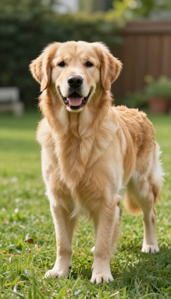 A Golden Retriever with a short summer grooming clip enjoying outdoor play in sunny weather, showcasing a low-maintenance style for keeping dogs cool.