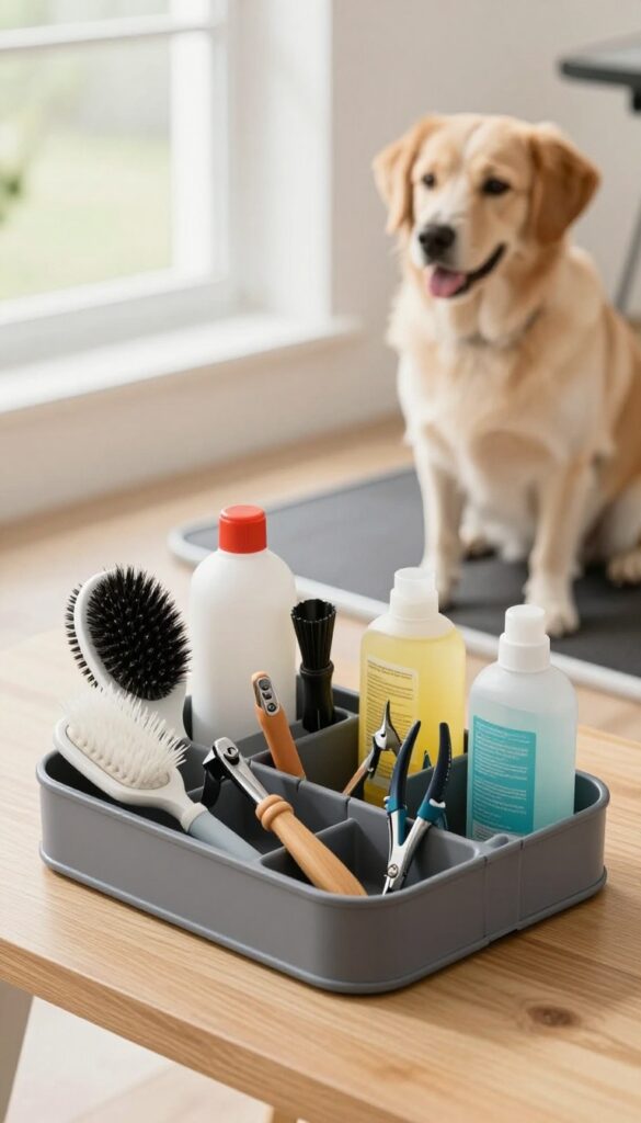 A portable caddy with organized dog grooming supplies next to a patient dog, illustrating an efficient at-home grooming setup.