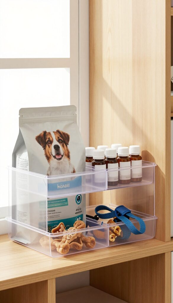 A photorealistic image of organized wooden shelves with clear plastic dividers separating dog food, medicine bottles, and pet accessories like treats and leashes in bright natural light.